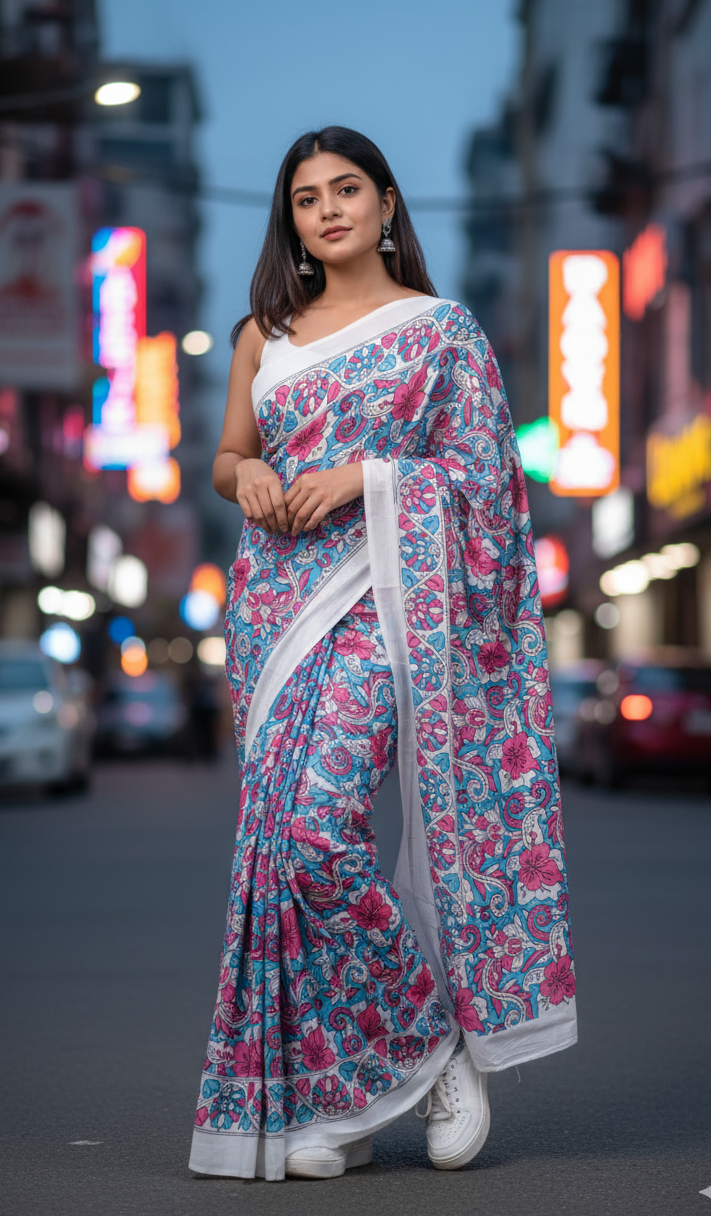 Blush Blossom Saree – White Mulmul with Pink Floral Whispers