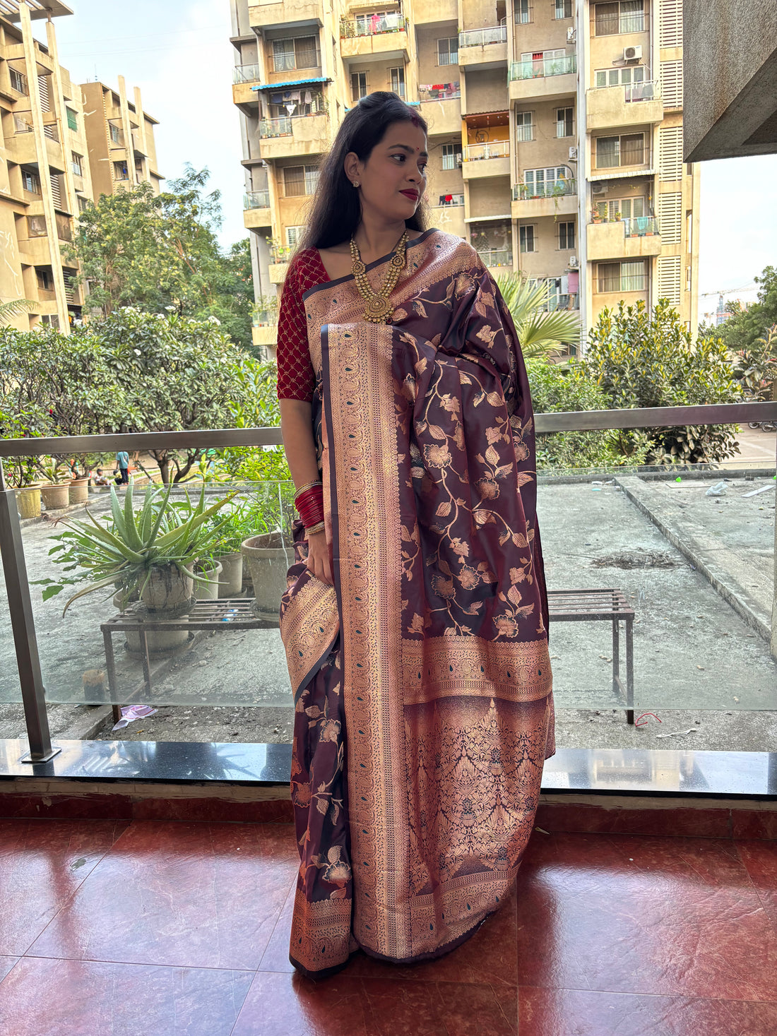 Majestic Maroon Banarasi Silk Saree with Golden Floral Weave
