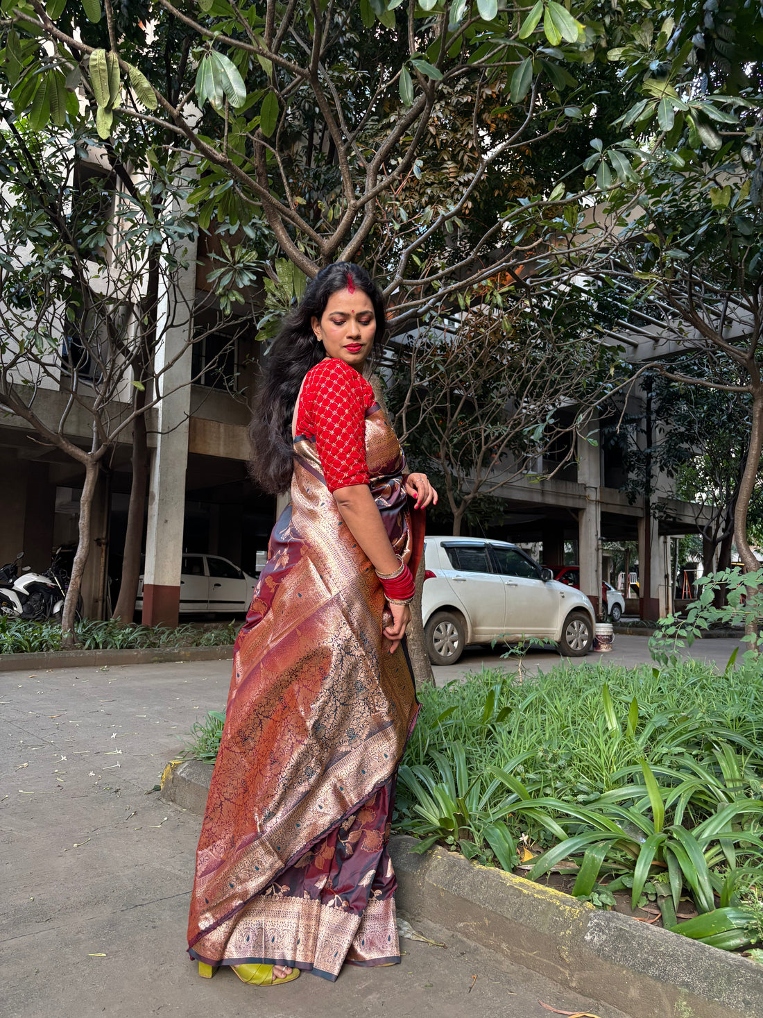 Majestic Maroon Banarasi Silk Saree with Golden Floral Weave