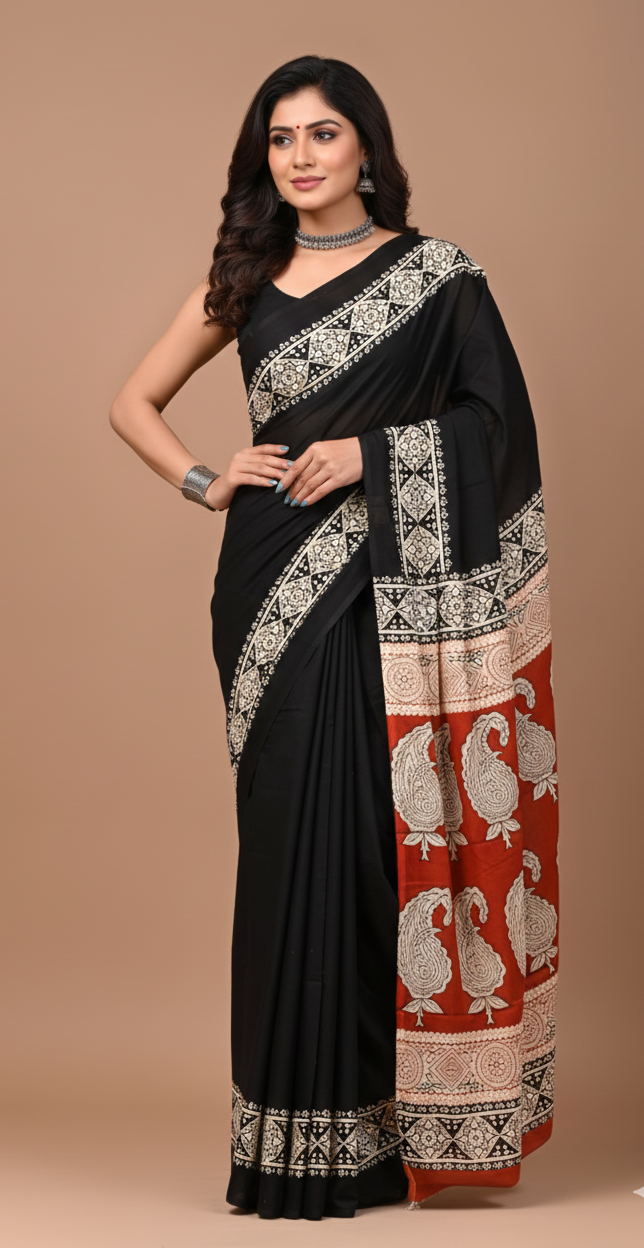 Midnight Legacy – Black & Red Mulmul Saree with Traditional Craft Story