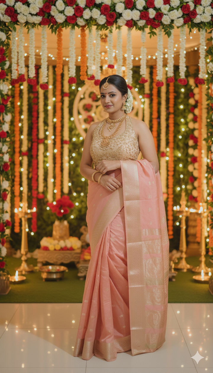 Peach Festive Silk Saree – Ethereal Celebration Charm
