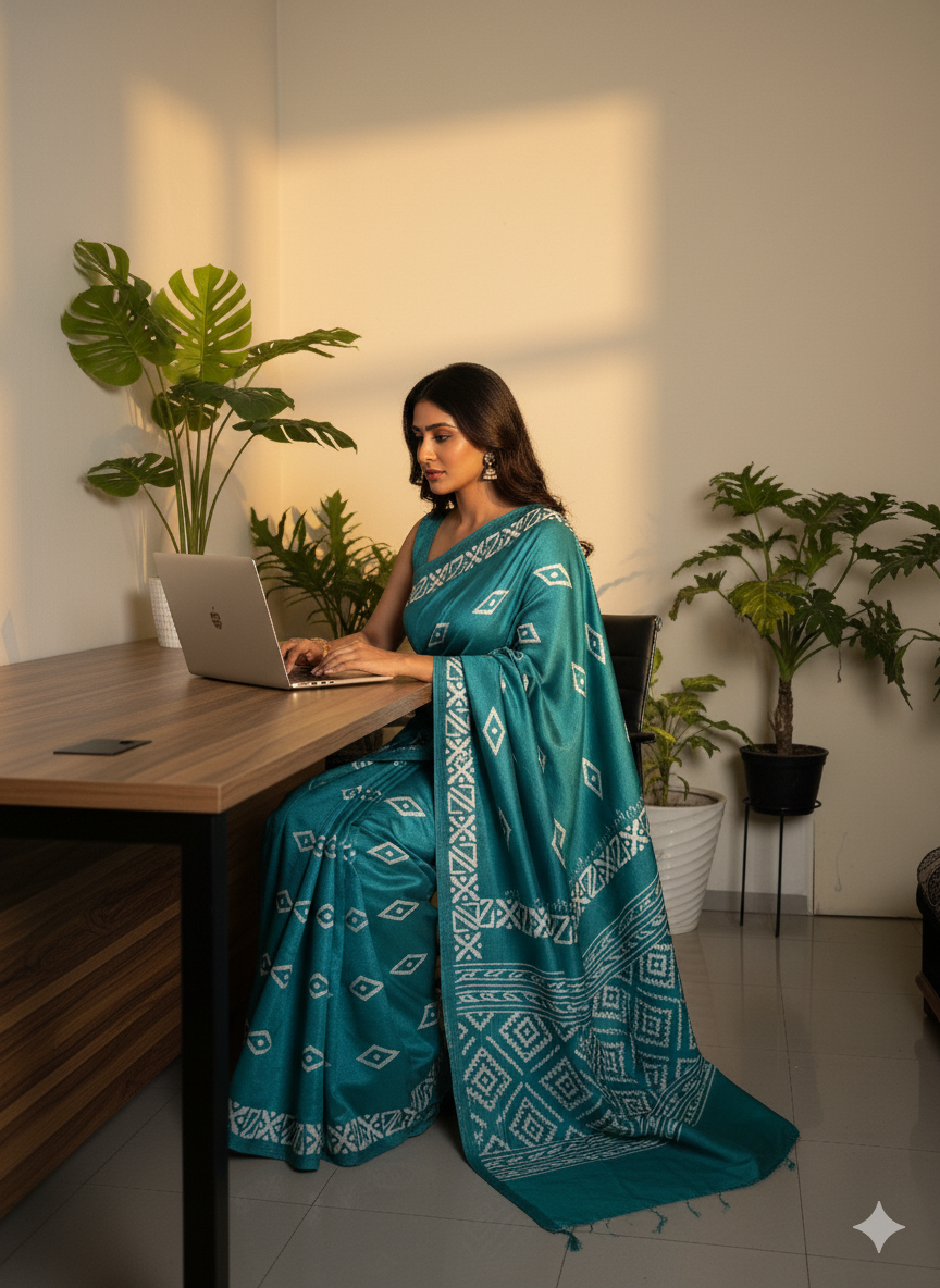 Corporate Ease Teal Saree – Effortless Work Chic