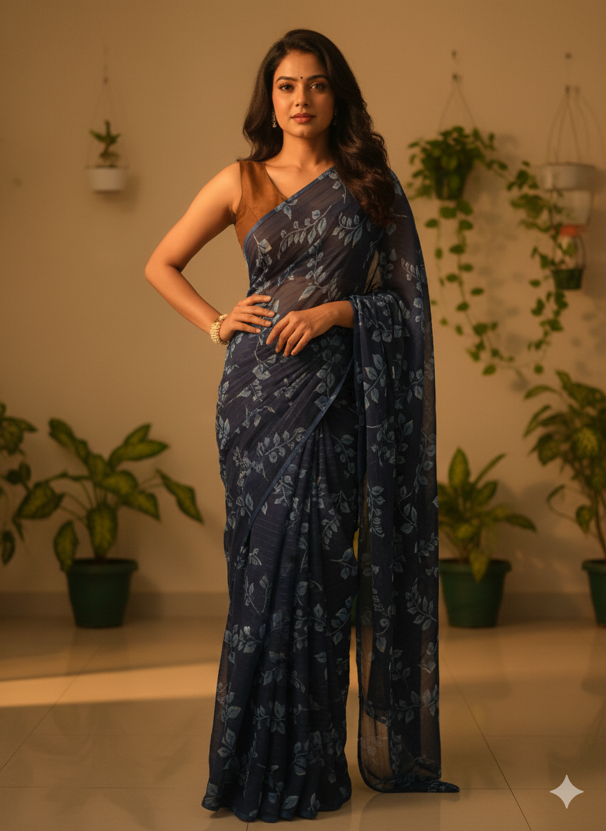 Navy Blue Floral Saree – Effortless Elegance