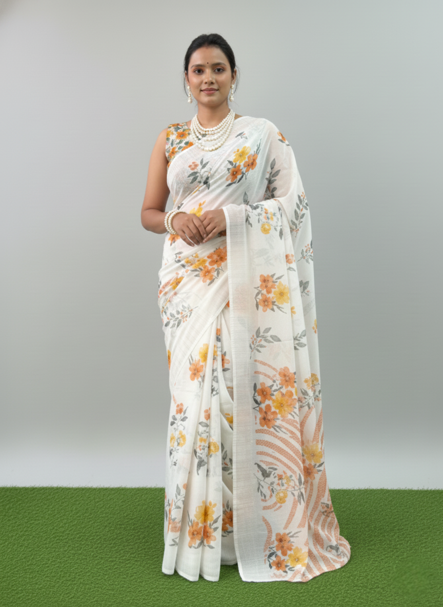 White Floral Printed Saree