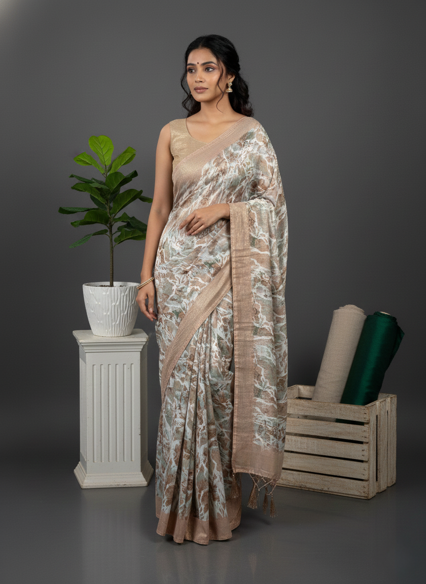 Cream Printed Synthetic Soft Saree