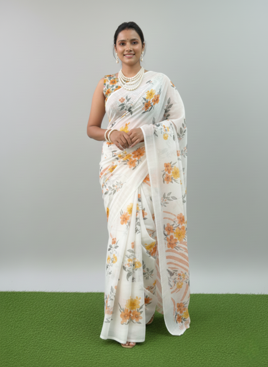 White Floral Printed Saree
