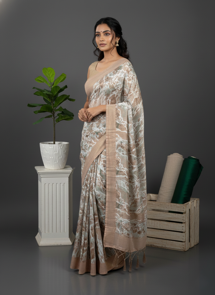 Cream Printed Synthetic Soft Saree