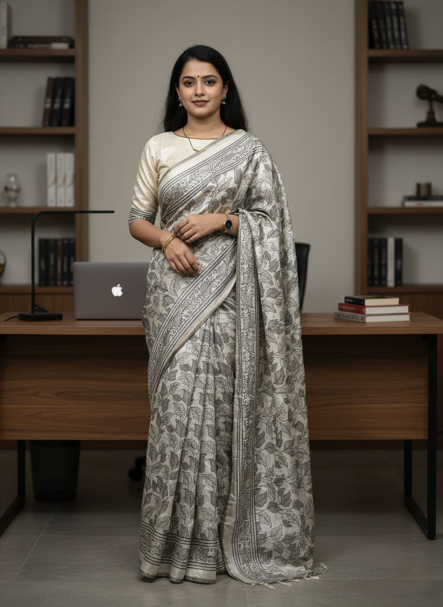 Grey Leaf Printed Semicotton Corporate Saree