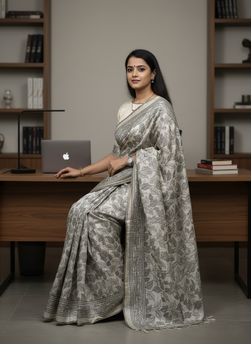 Grey Leaf Printed Semicotton Corporate Saree