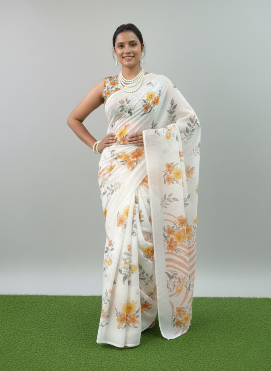 White Floral Printed Saree