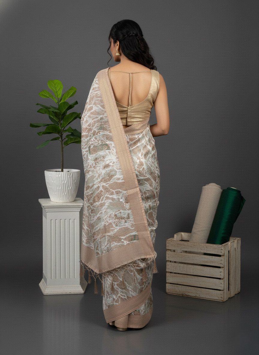 Cream Printed Synthetic Soft Saree