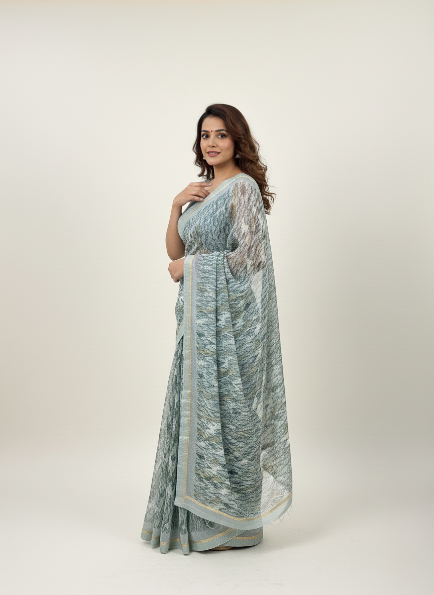 Teal Printed Synthetic Saree