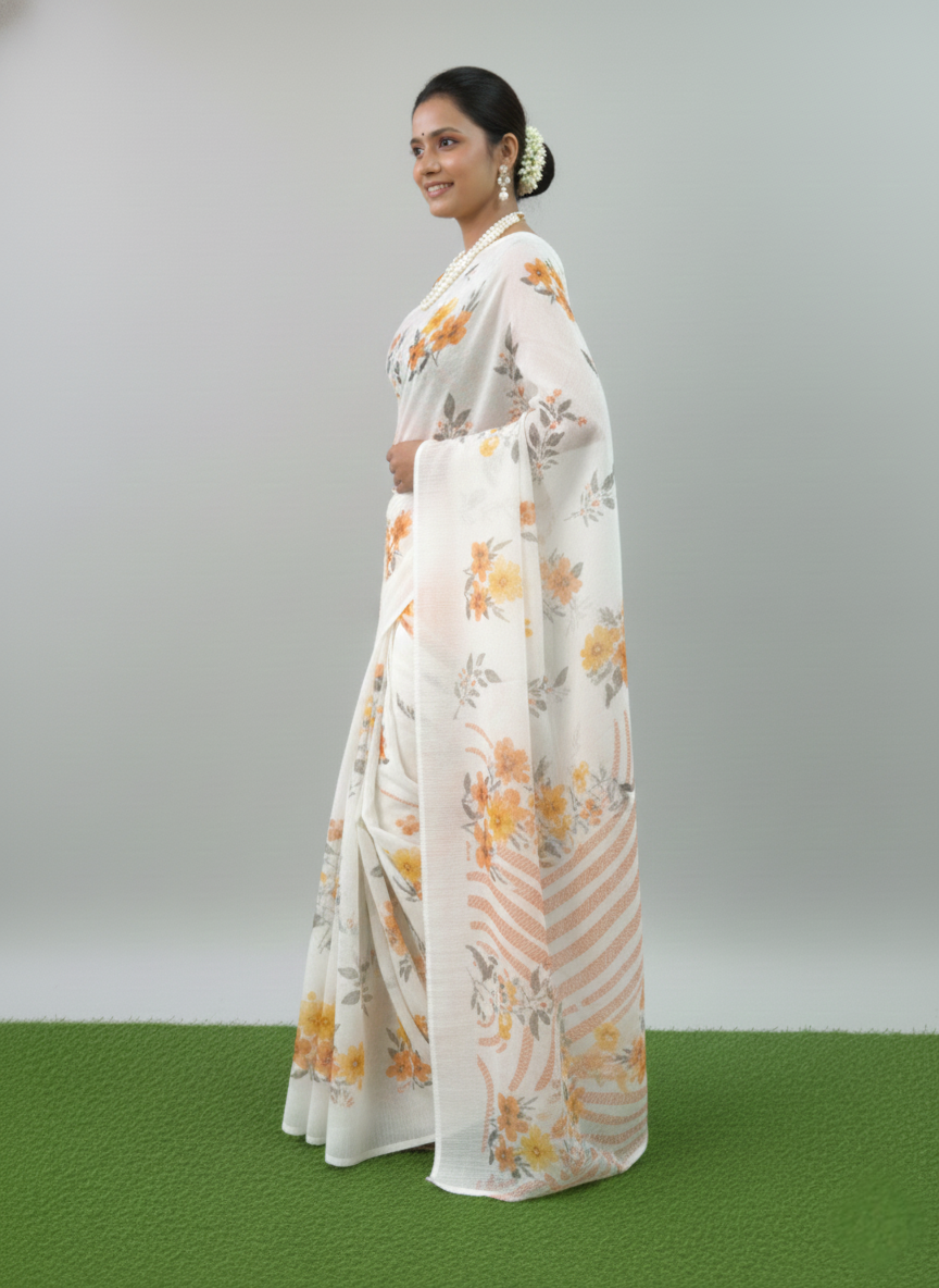 White Floral Printed Saree