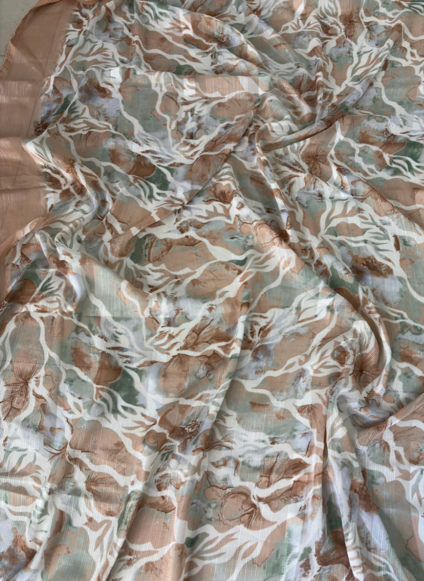 Cream Printed Synthetic Soft Saree