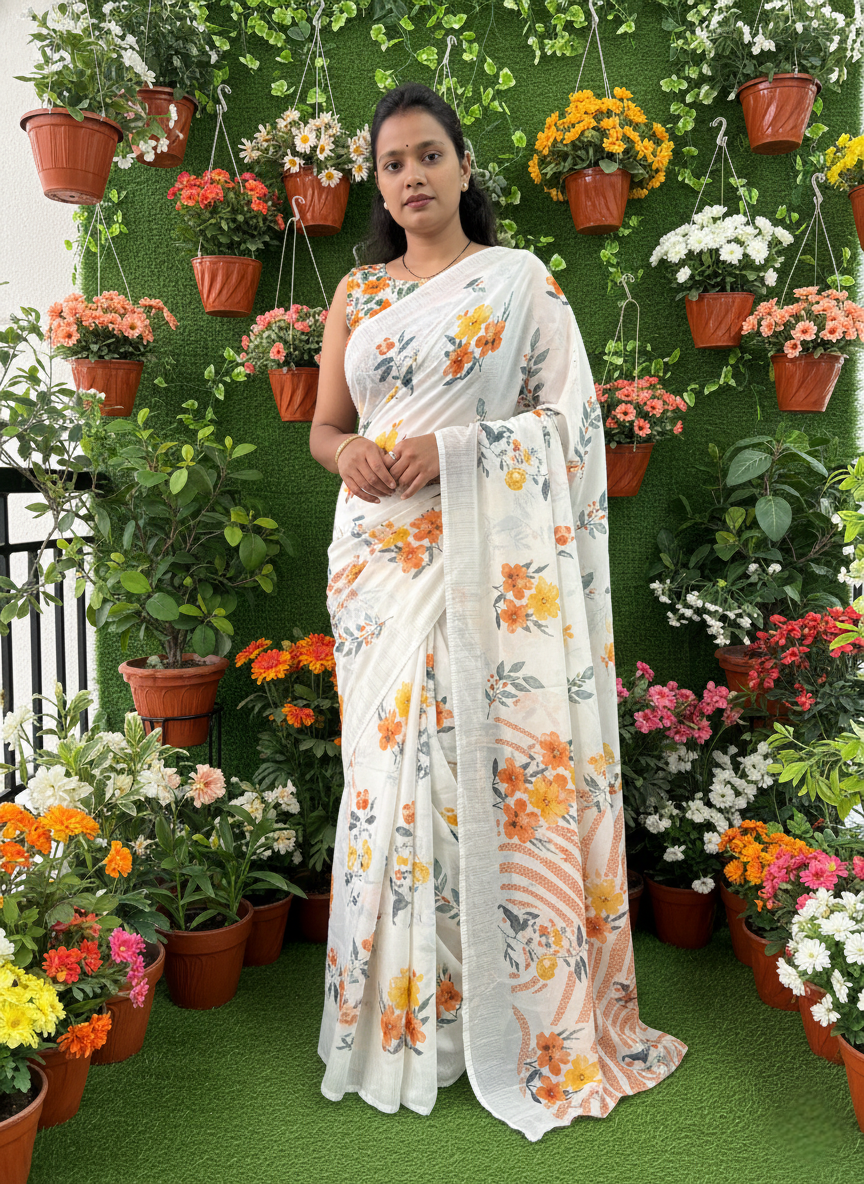 White Floral Printed Saree