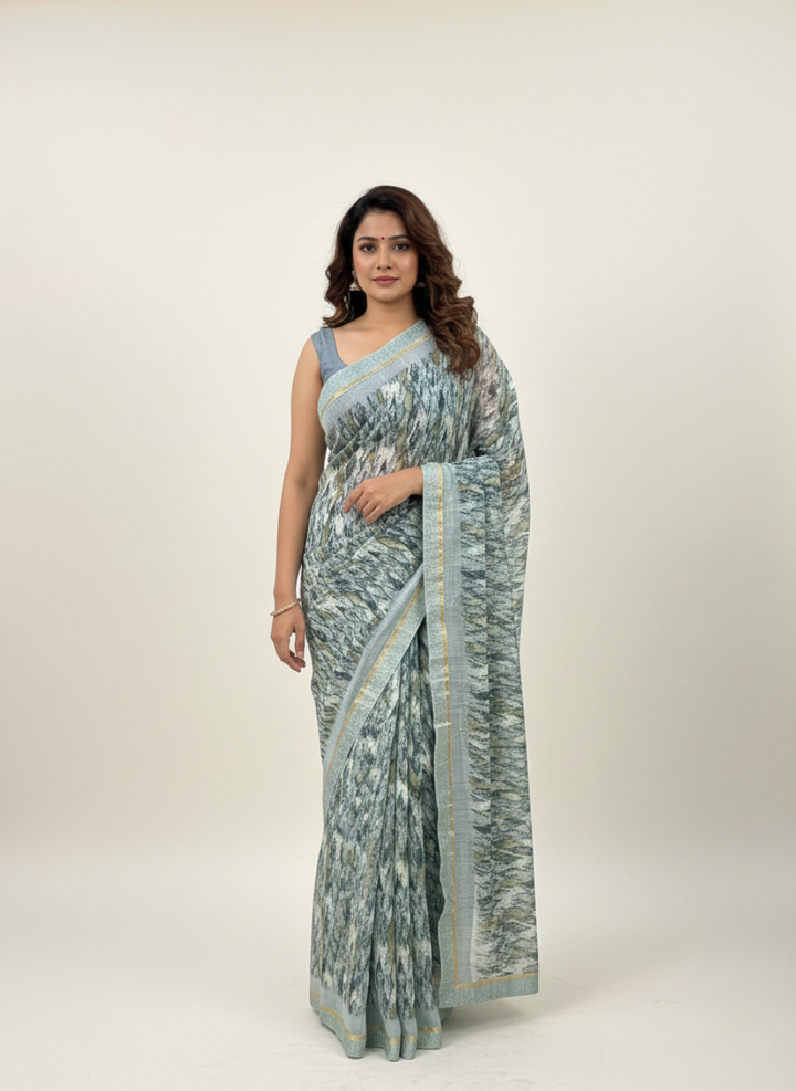 Teal Printed Synthetic Saree