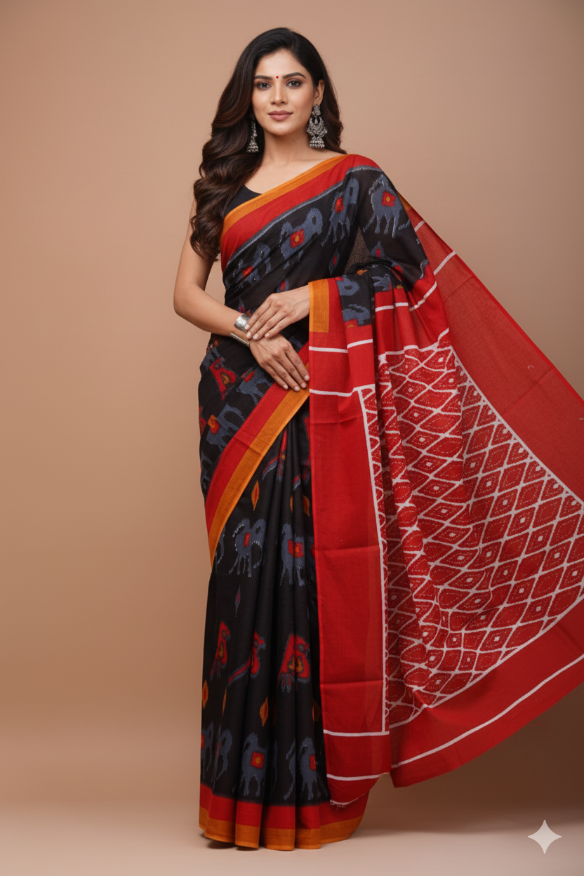 Black Printed Cotton Mulmul Saree