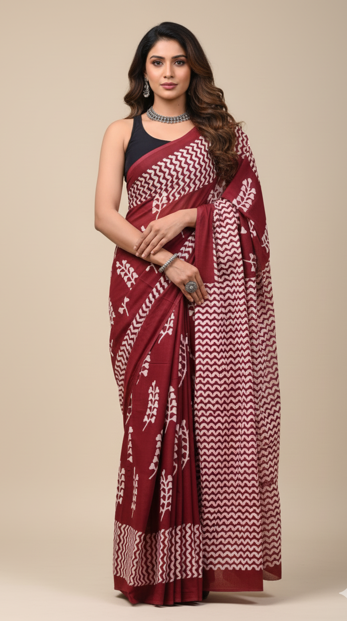 Crimson Radiance – Red & White Mulmul Saree of Festive Grace