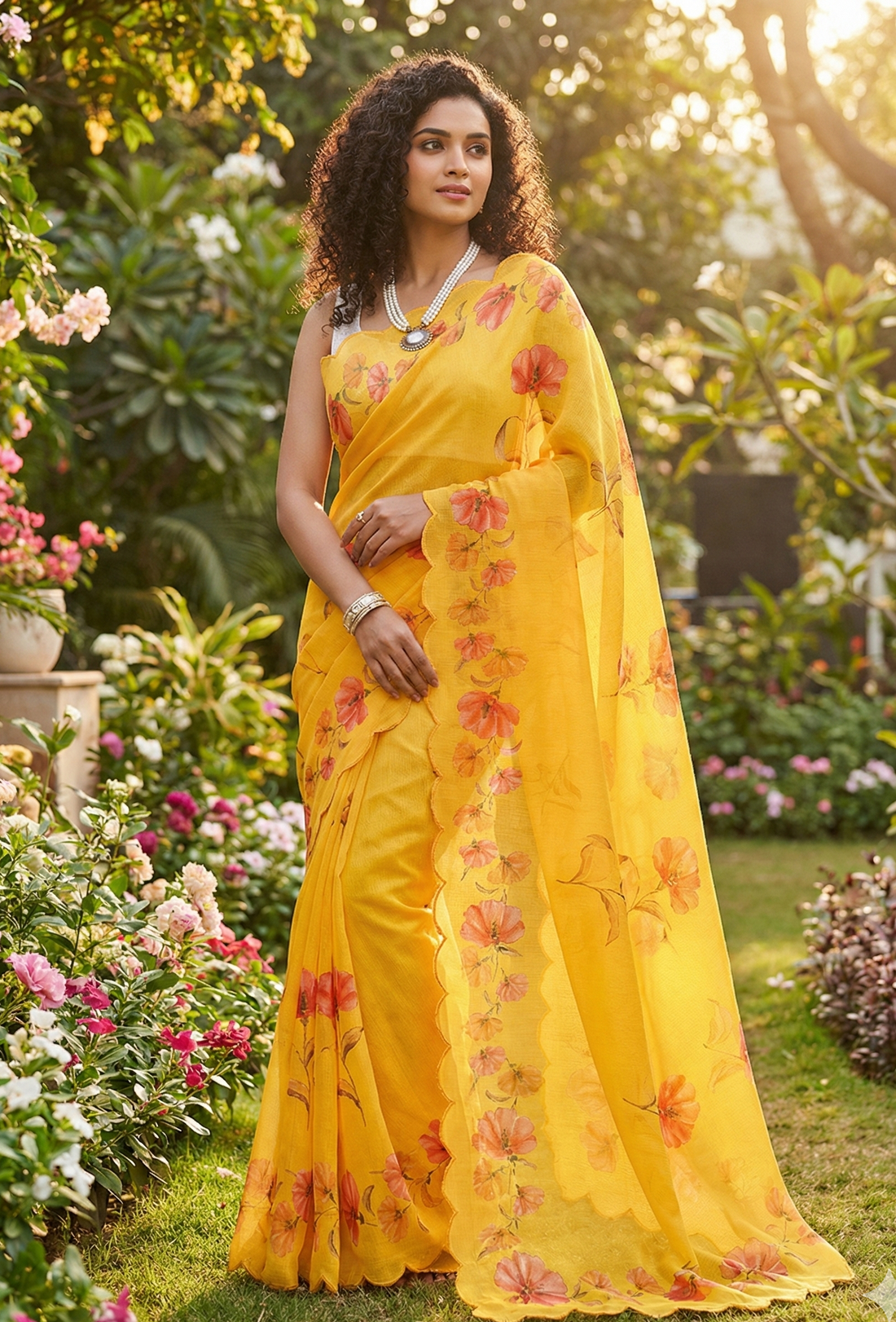 Yellow Floral Cotton Saree
