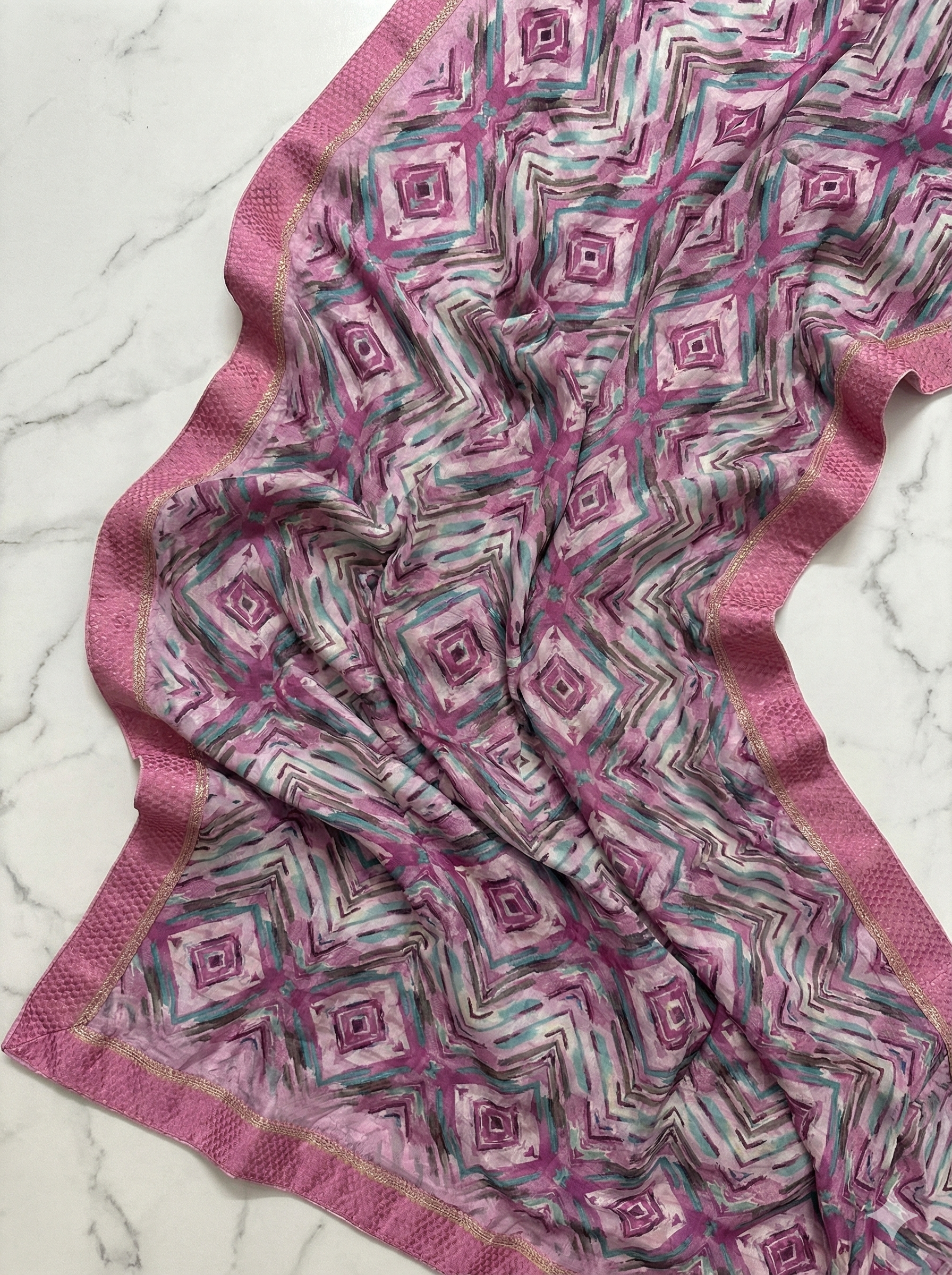 Light Pink block Printed Soft dola silk Saree