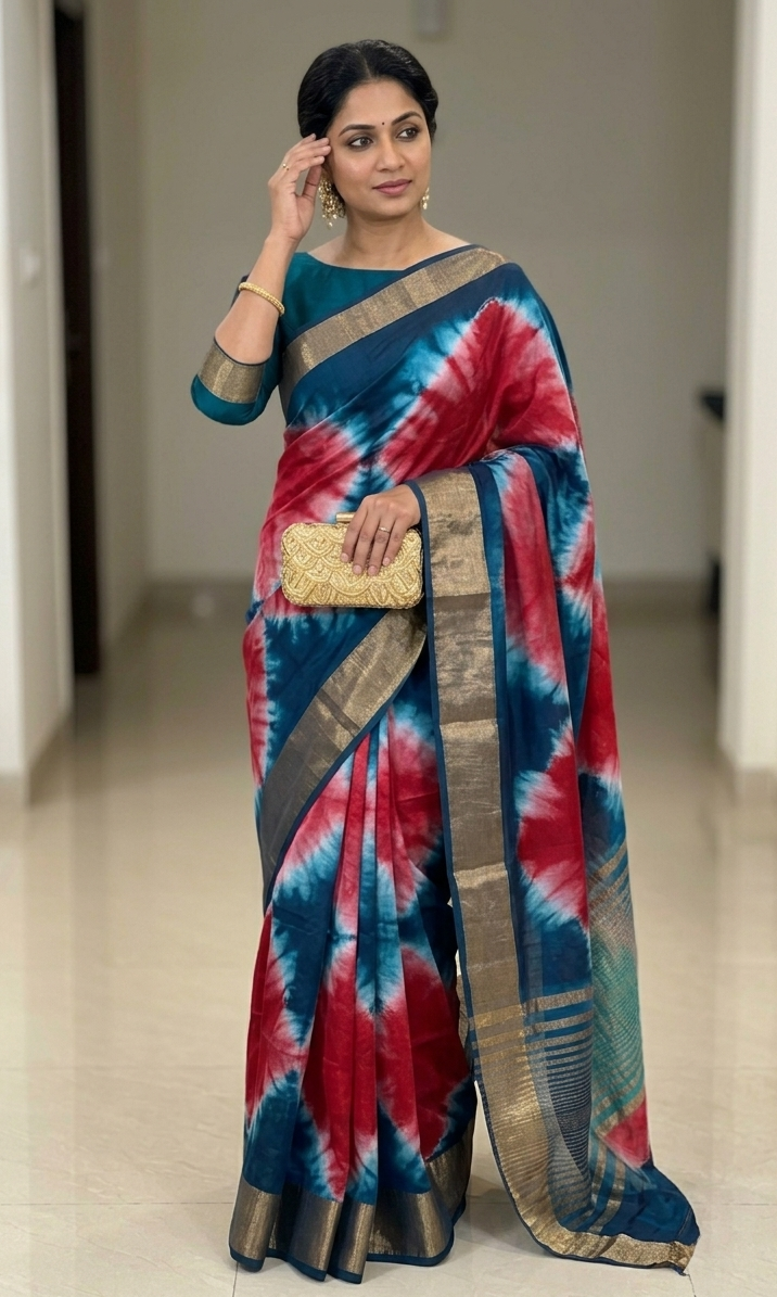 Midnight Teal & Crimson Shibori Silk Saree