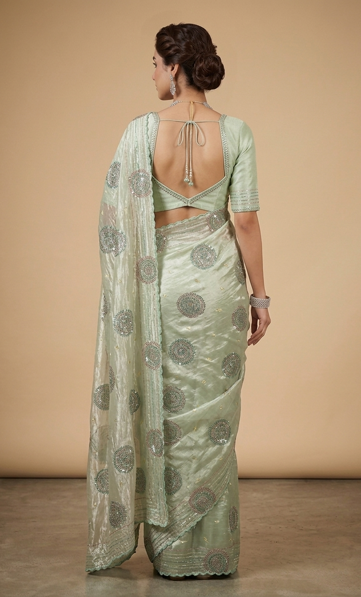 Mint Metallic Saree with Hand-Embroidered Circular Motifs