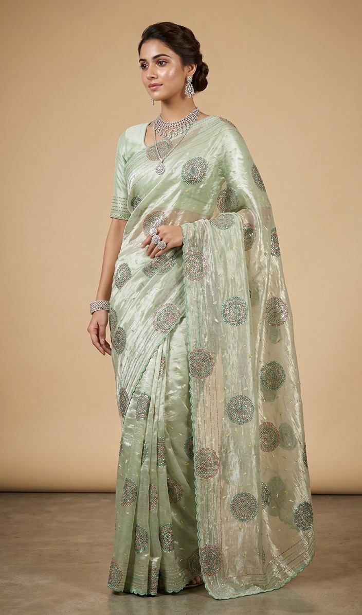 Mint Metallic Saree with Hand-Embroidered Circular Motifs