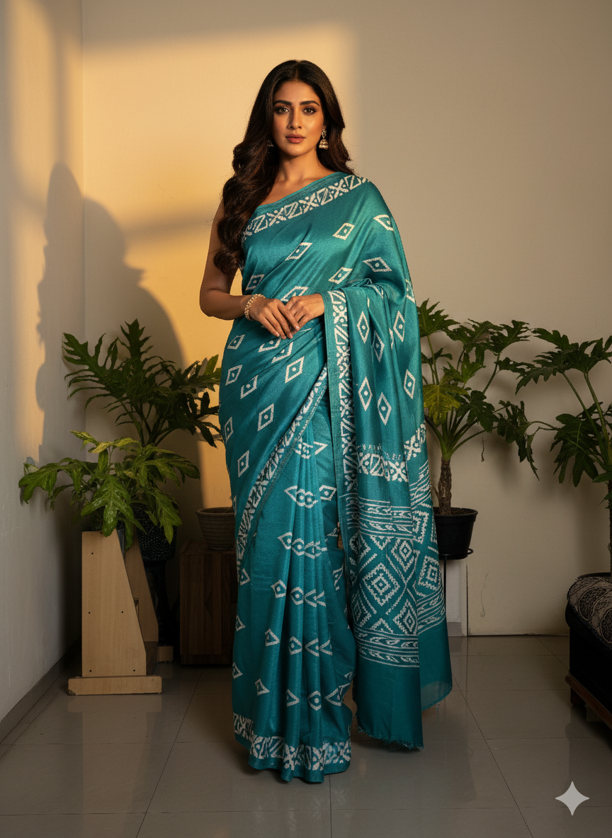Teal Geometric Saree – Everyday Ease