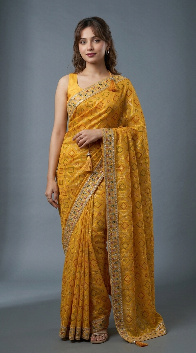 Yellow Bandhani heavy Zari saree