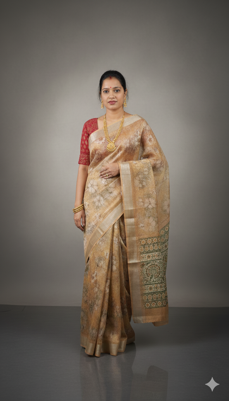 Gold Floral Organza Saree – Luxe Traditional Glow