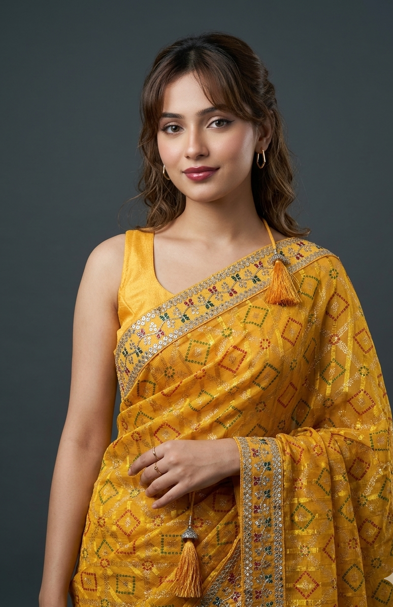 Yellow Bandhani heavy Zari saree