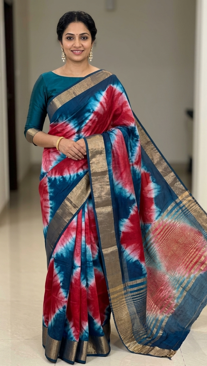 Midnight Teal & Crimson Shibori Silk Saree