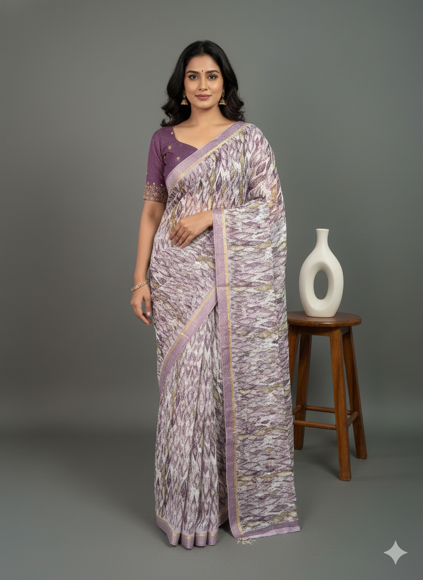 Purple Printed Synthetic Saree