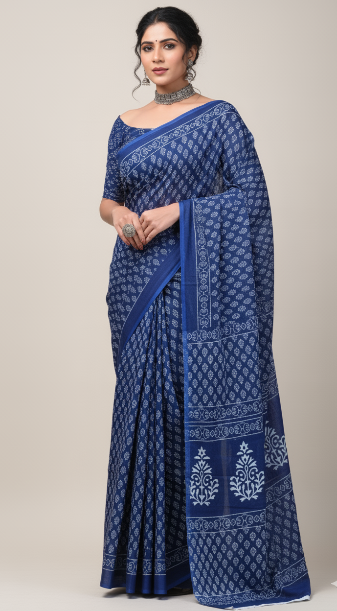 Heritage Saga – Navy Mulmul Saree with Timeless Cultural Motifs
