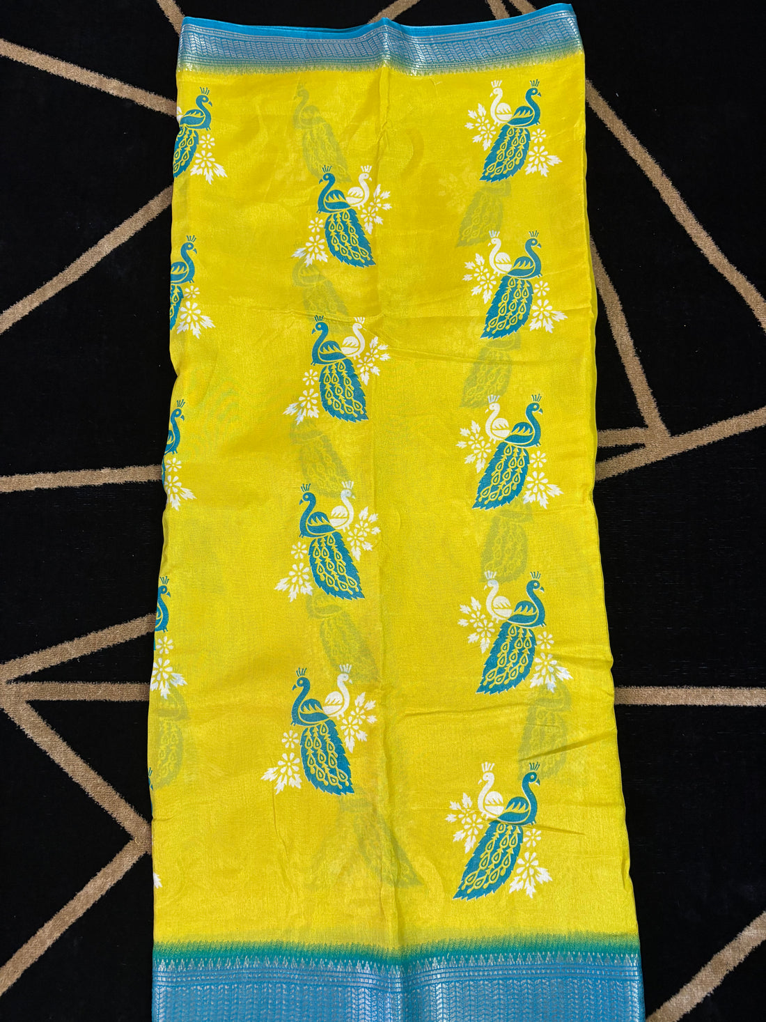 Lemon Yellow Sky Blue Peacock Printed dola silkSaree