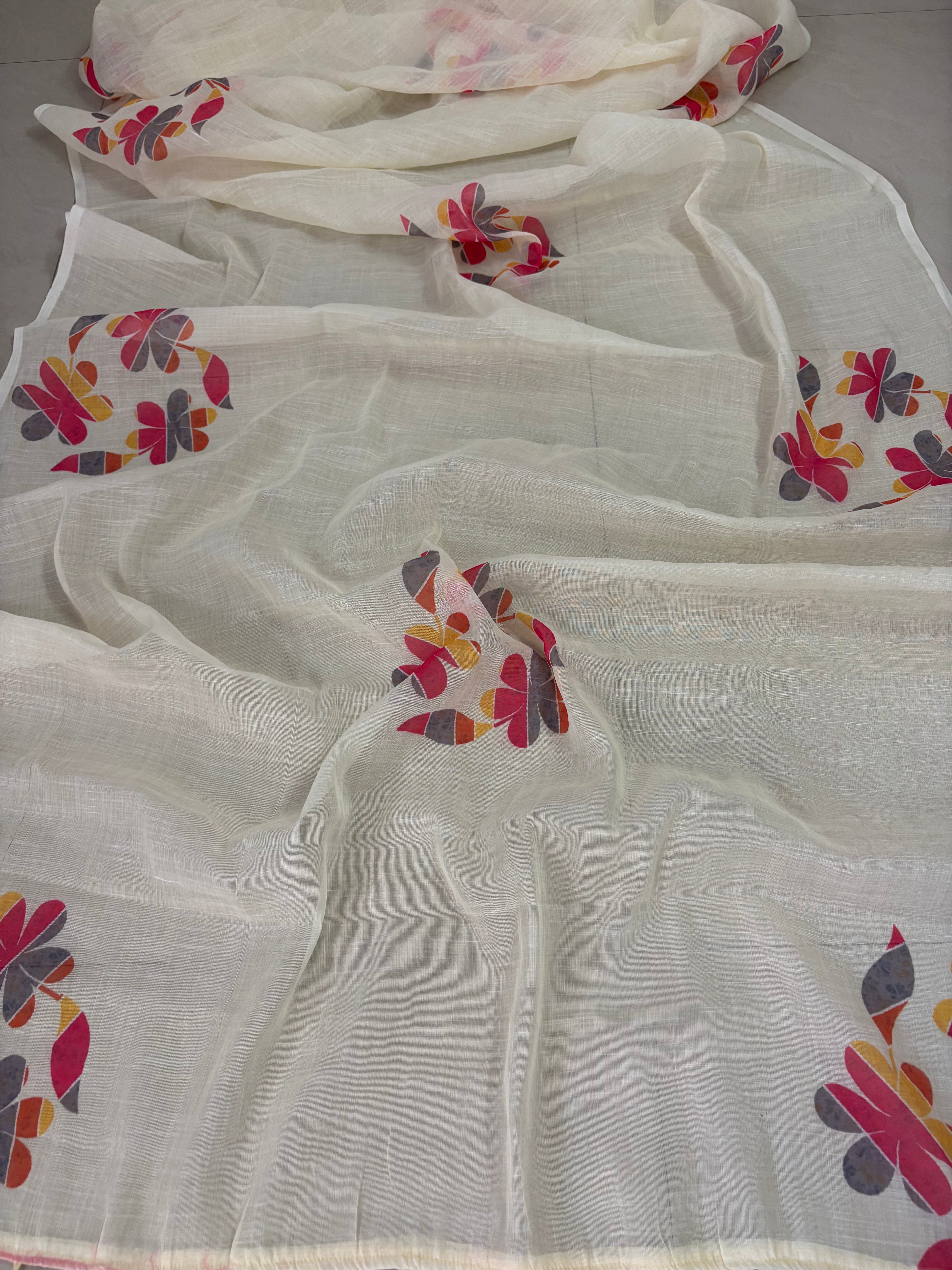 Cream Floral Cotton Saree