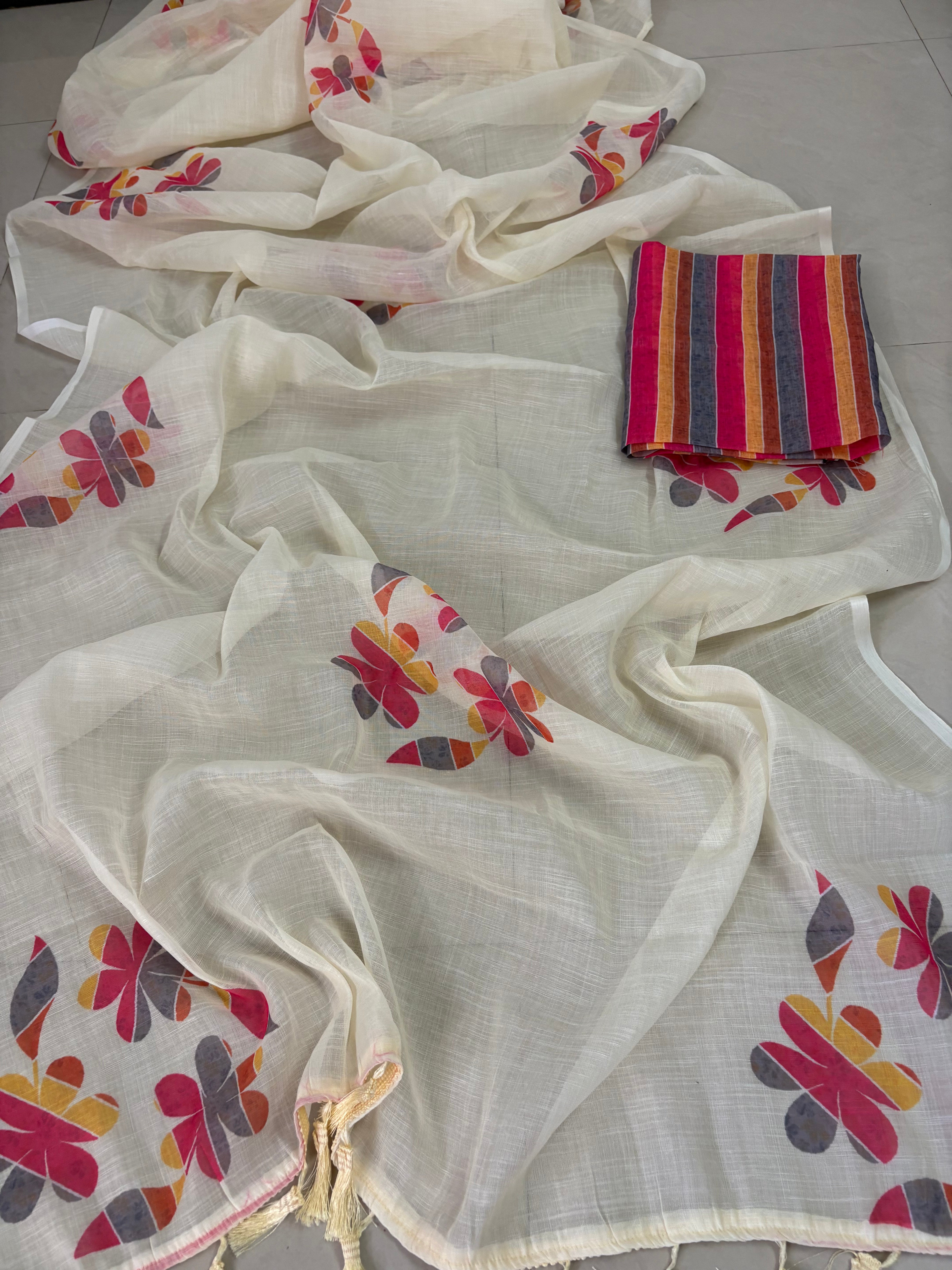 Cream Floral Cotton Saree