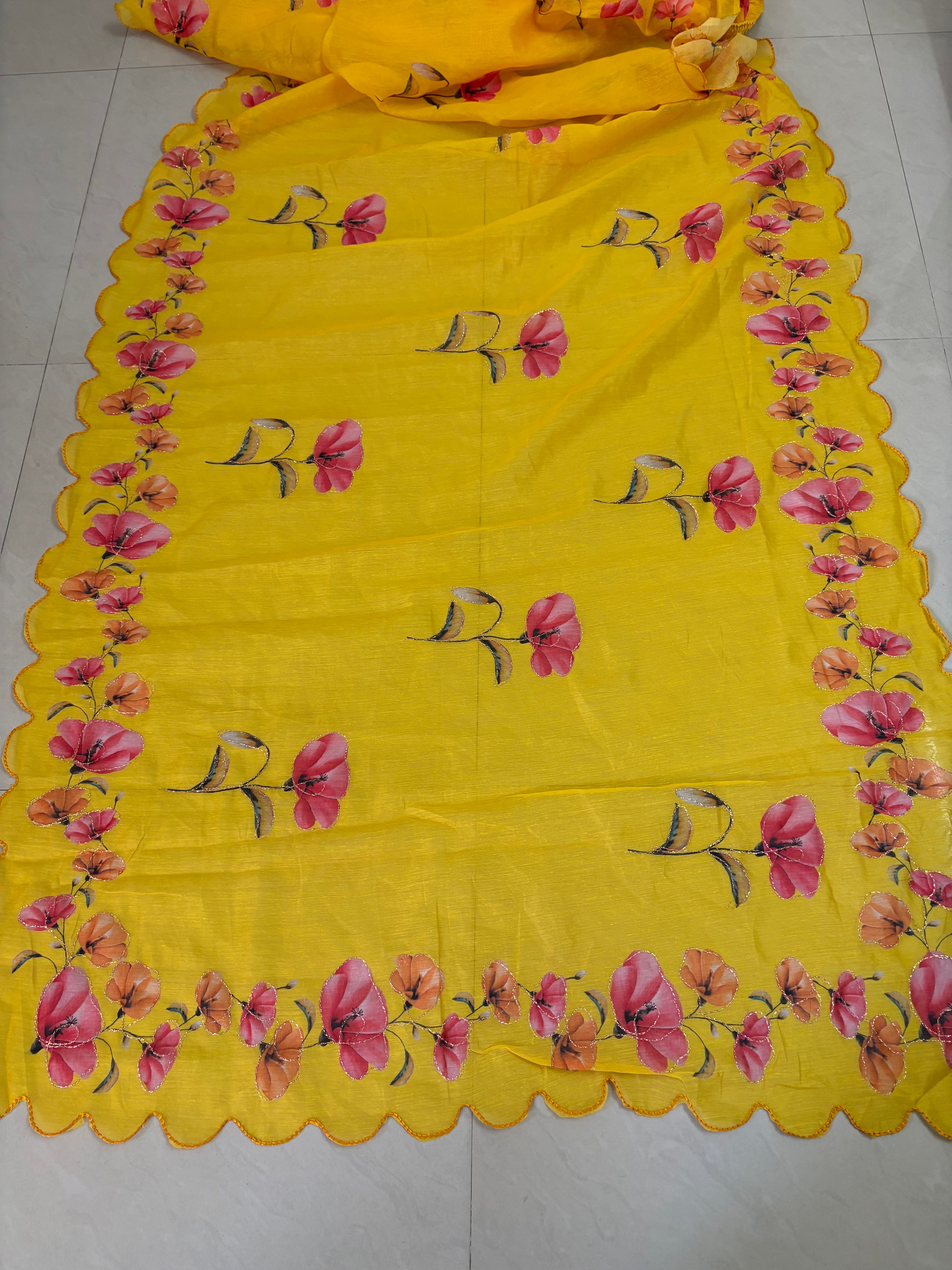 Yellow Floral Cotton Saree