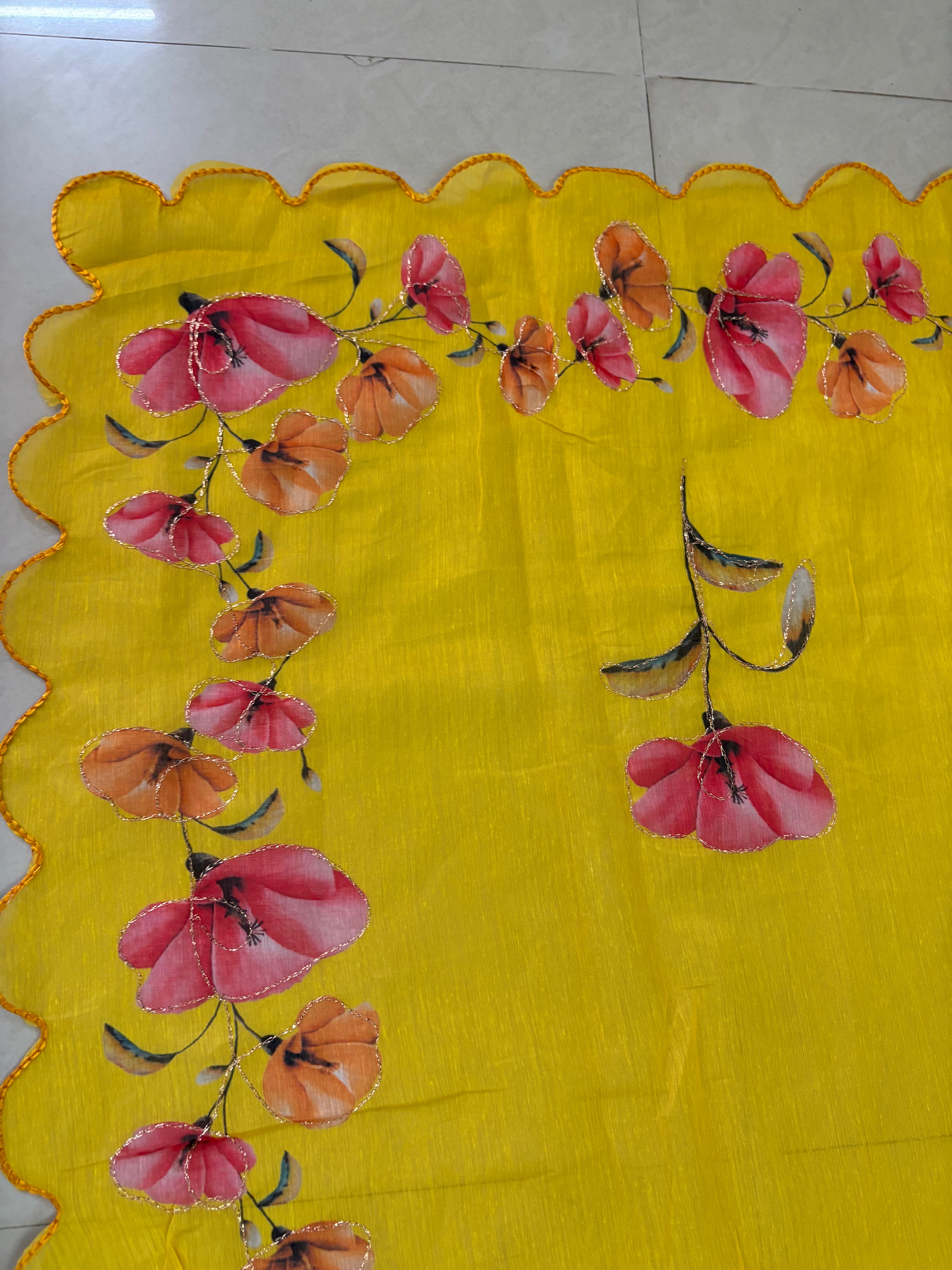 Yellow Floral Cotton Saree