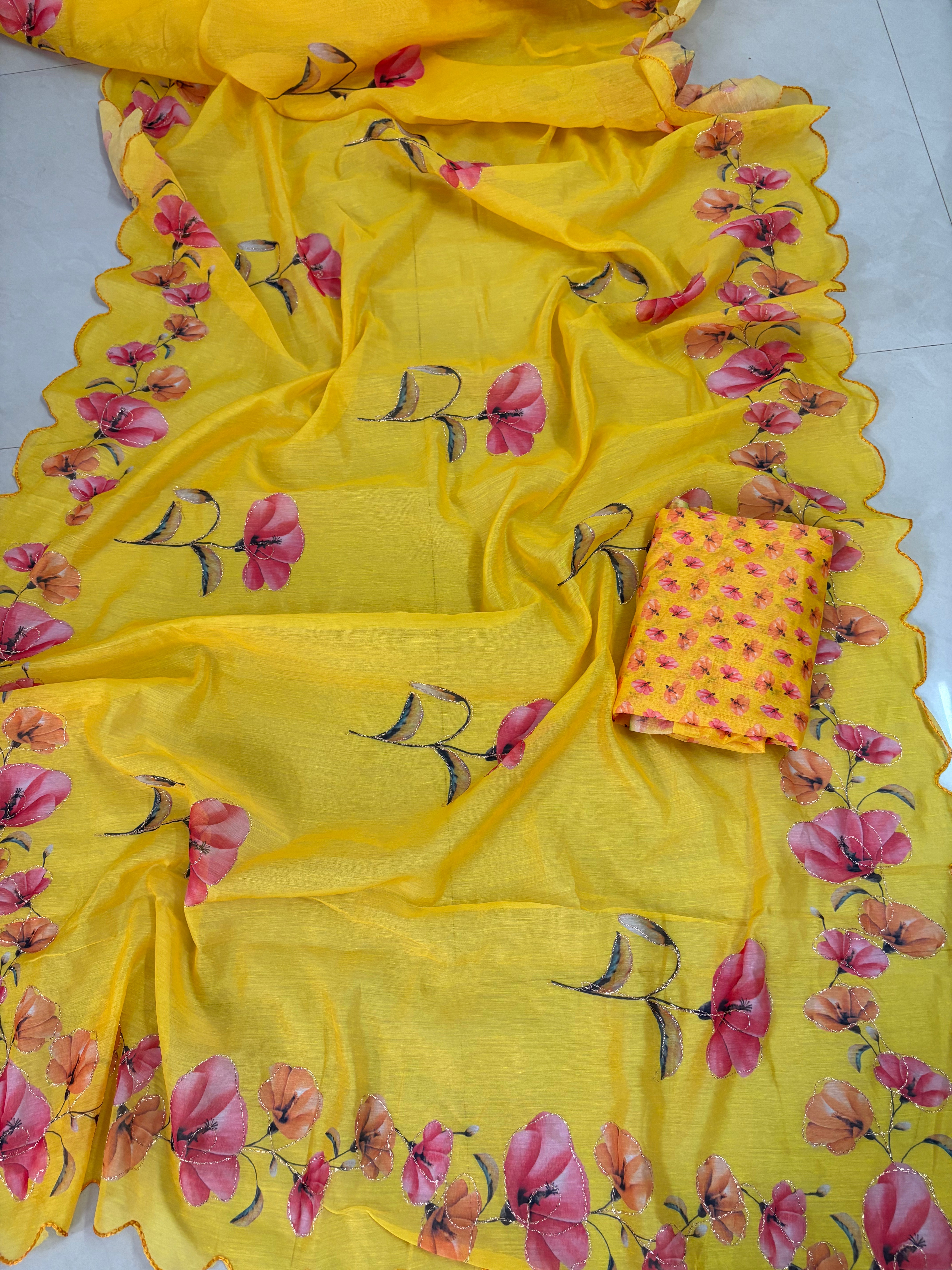 Yellow Floral Cotton Saree
