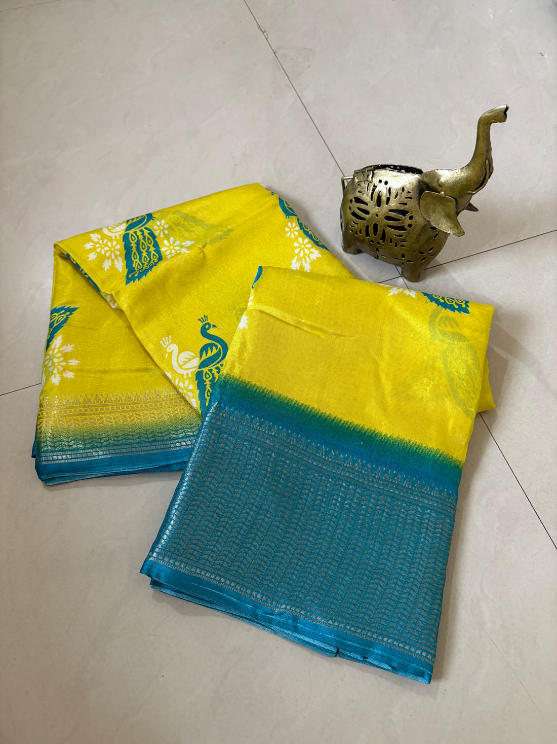 Lemon Yellow Sky Blue Peacock Printed dola silkSaree