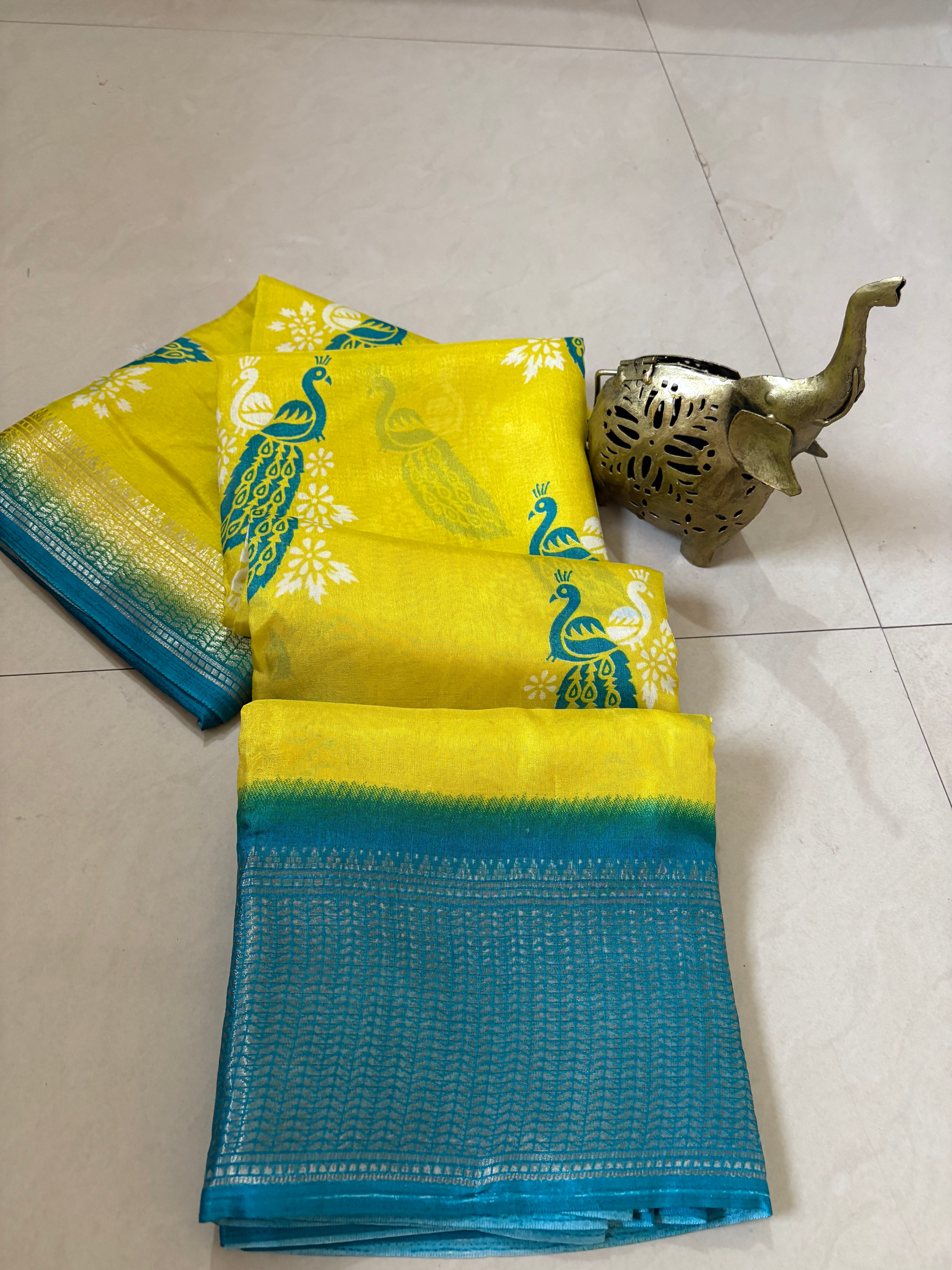 Lemon Yellow Sky Blue Peacock Printed dola silkSaree