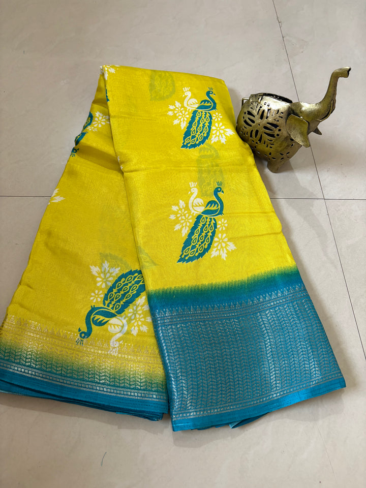 Lemon Yellow Sky Blue Peacock Printed dola silkSaree