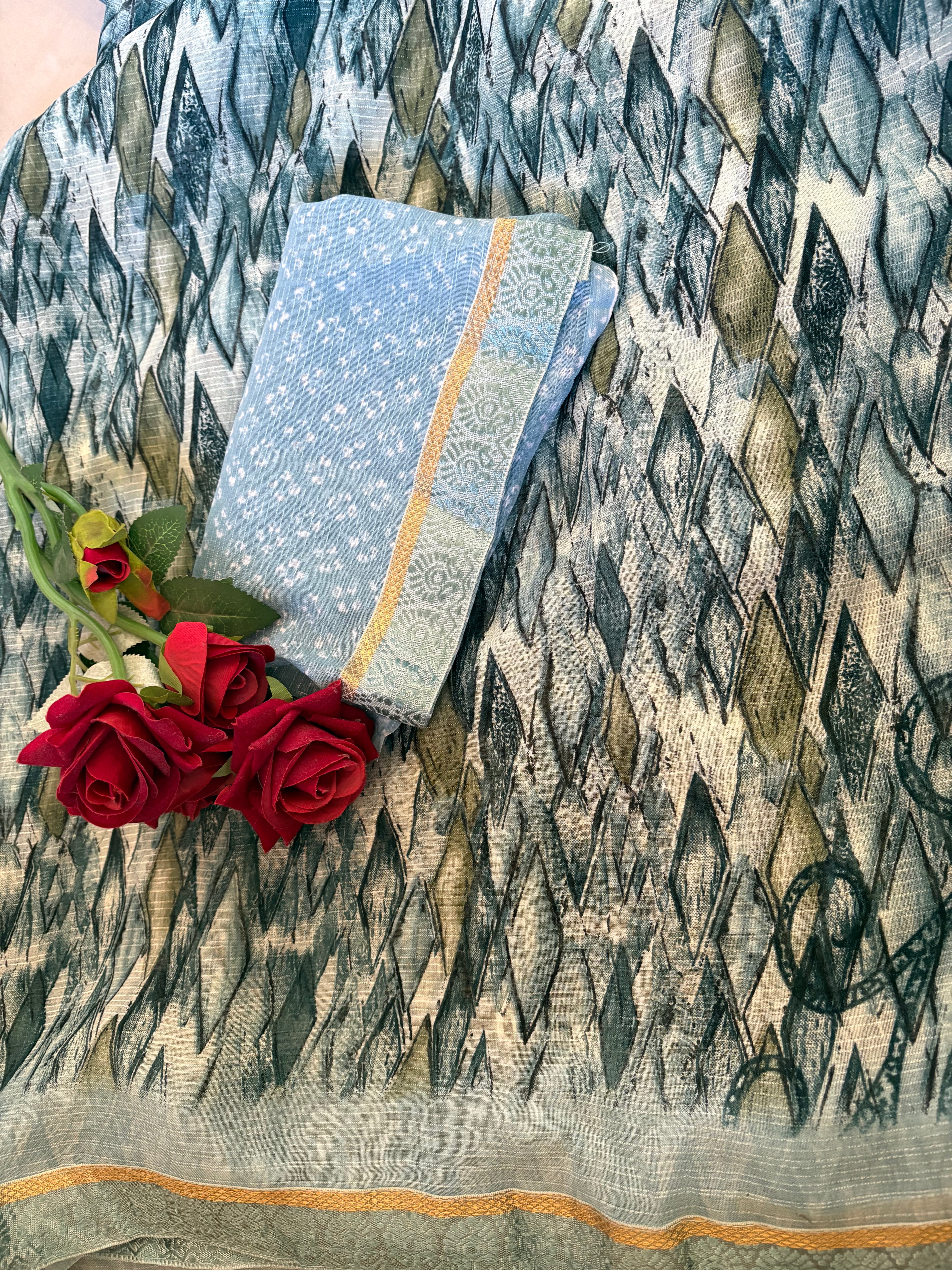 Teal Printed Synthetic Saree