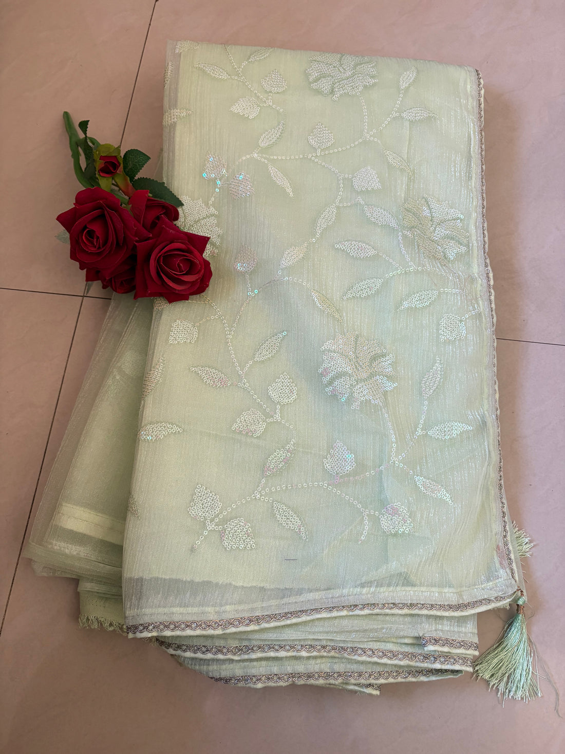 Light Green Sequin Party Wear Saree