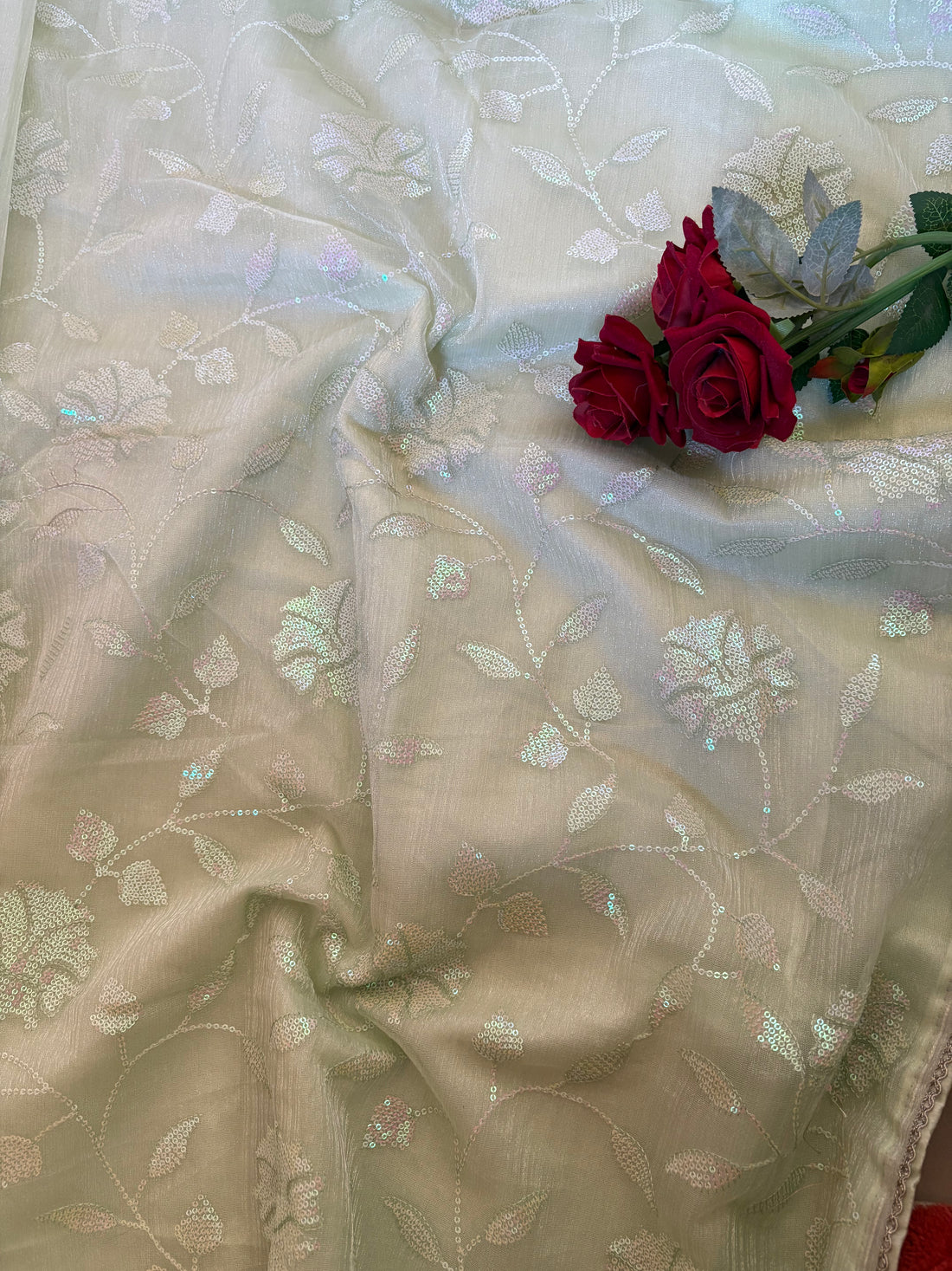 Light Green Sequin Party Wear Saree