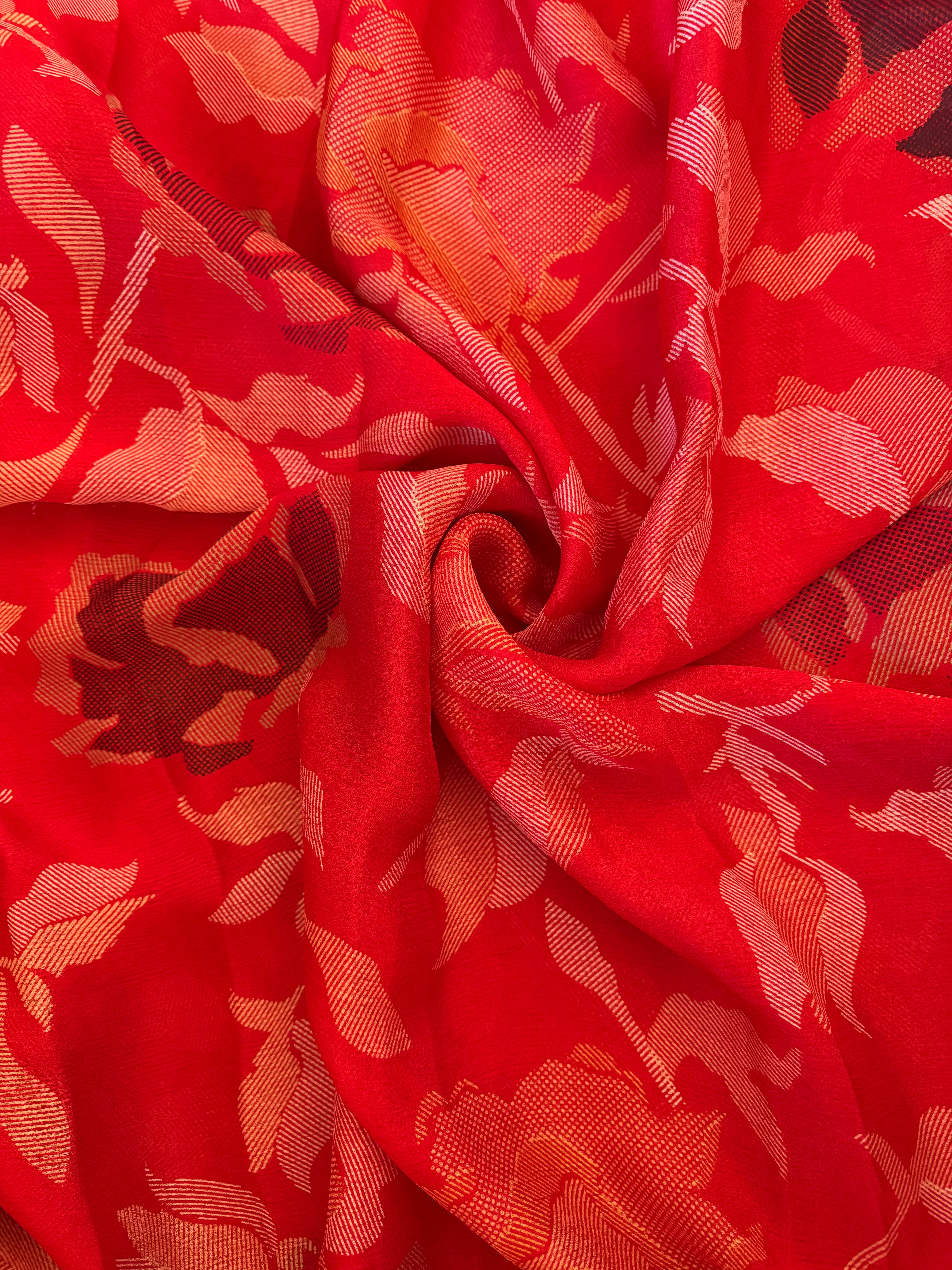 Red Printed Synthetic Saree