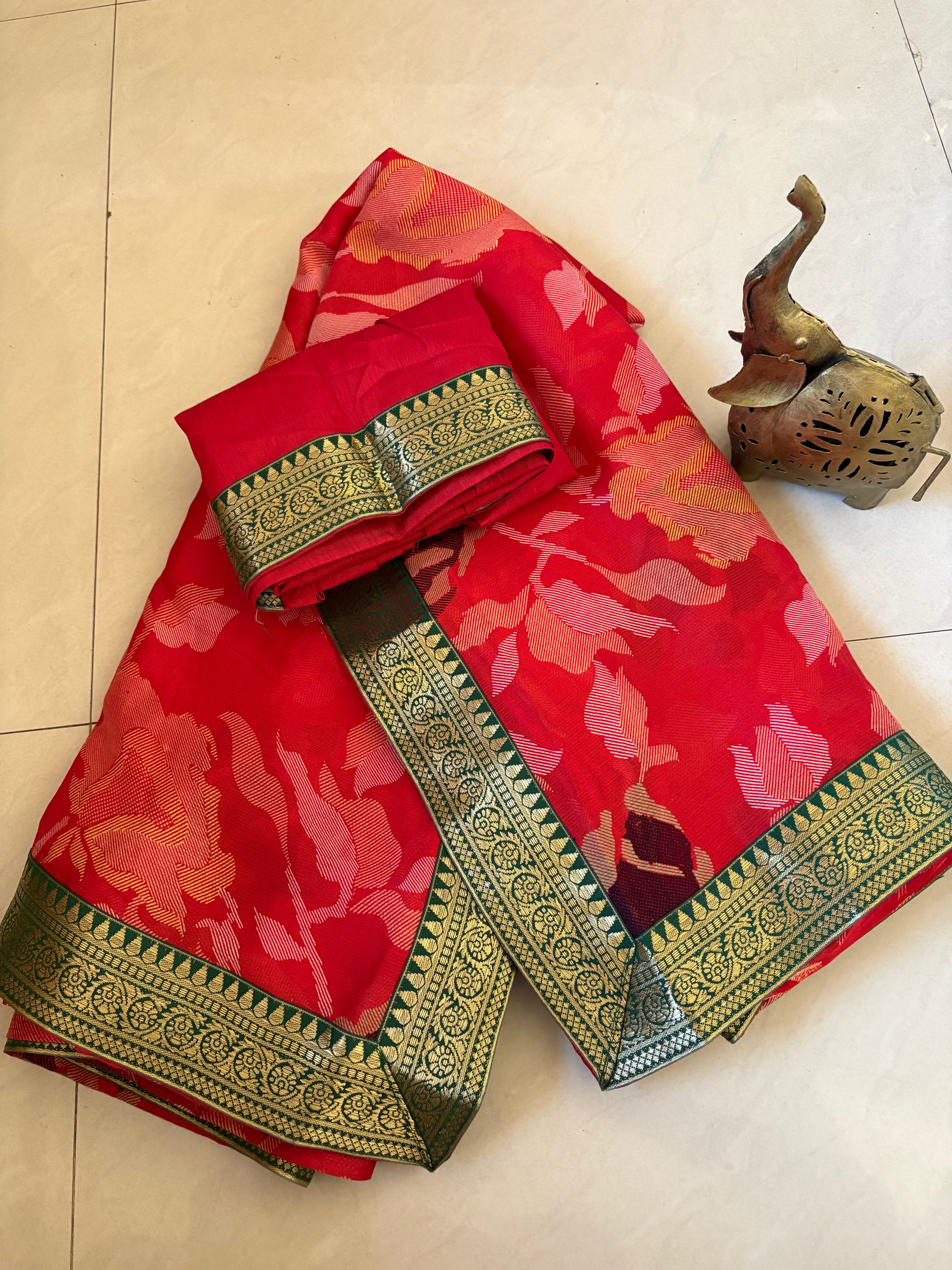 Red Printed Synthetic Saree