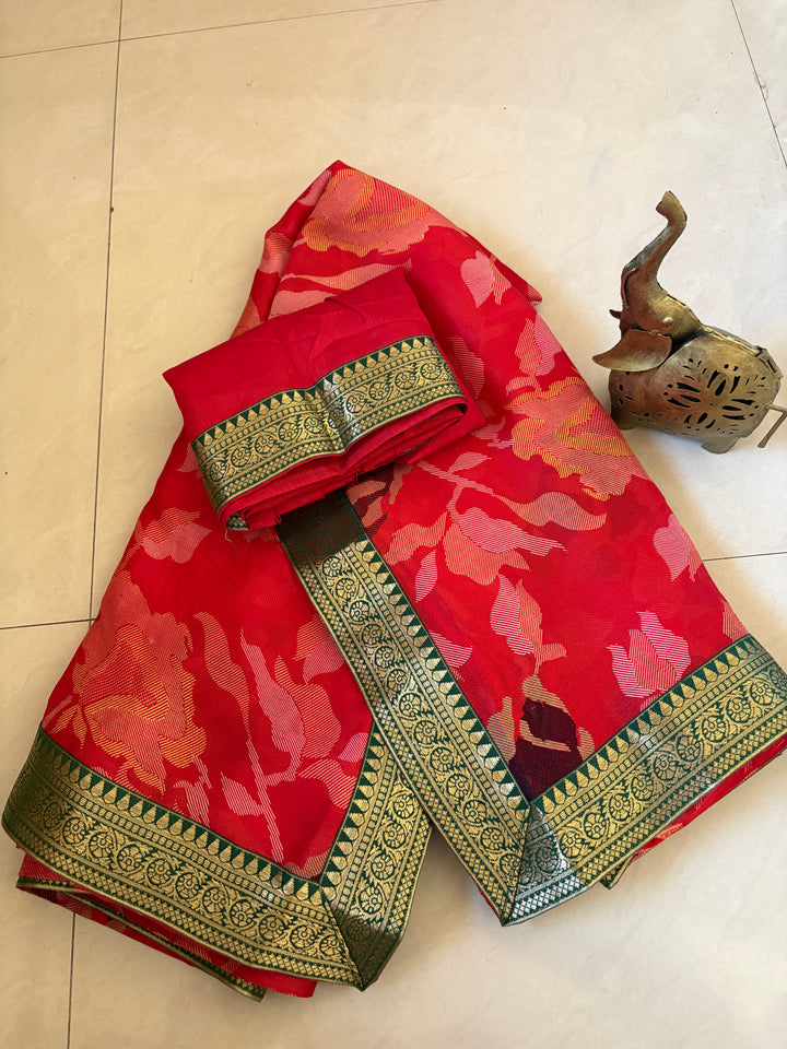 Red Printed Synthetic Saree