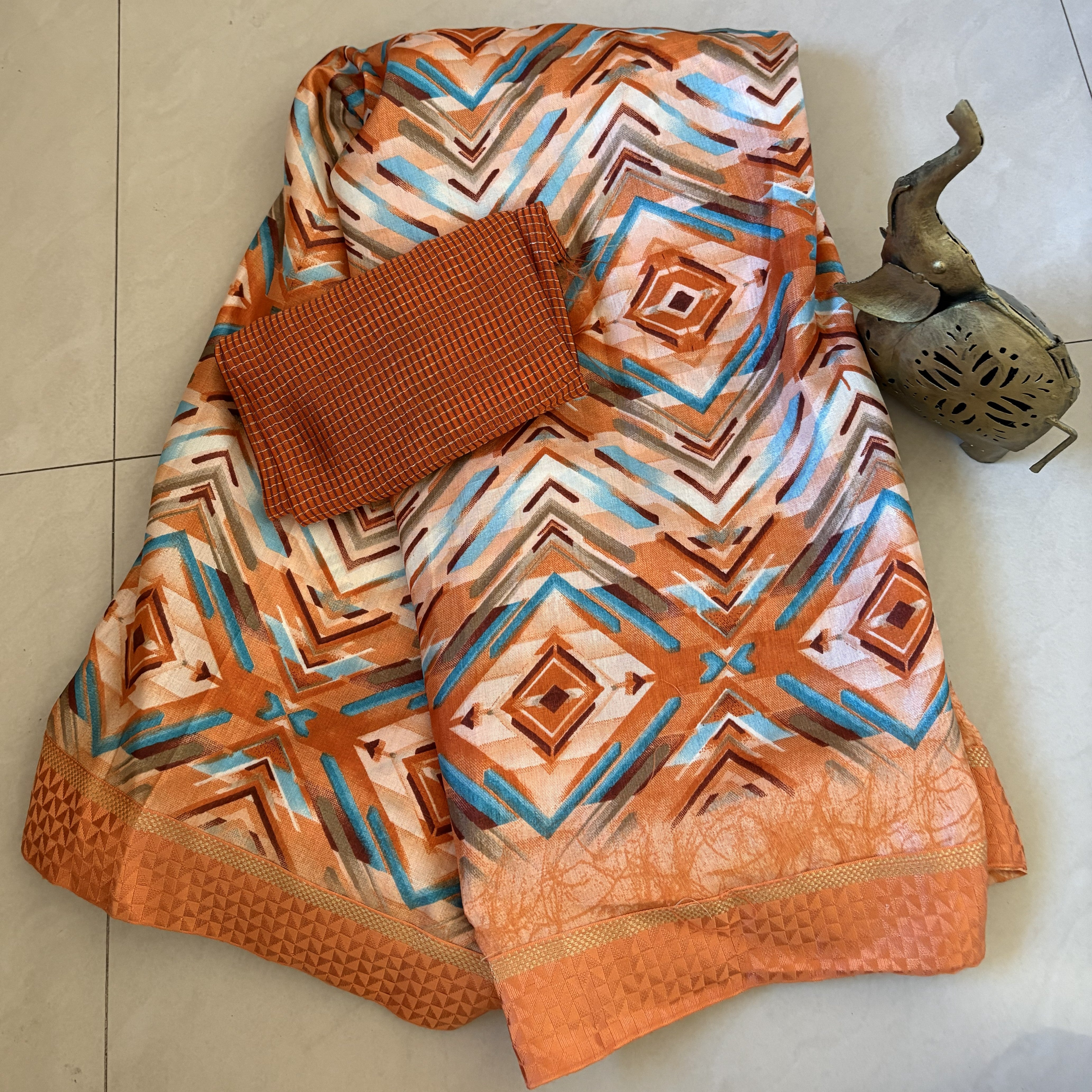 Orange Block Printed Dola Silk Saree